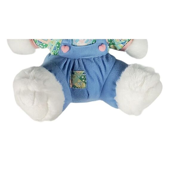 SKM Bunny Rabbit Plush Sitting White Furry Blue Overalls Spring Easter Vintage - Picture 7 of 11